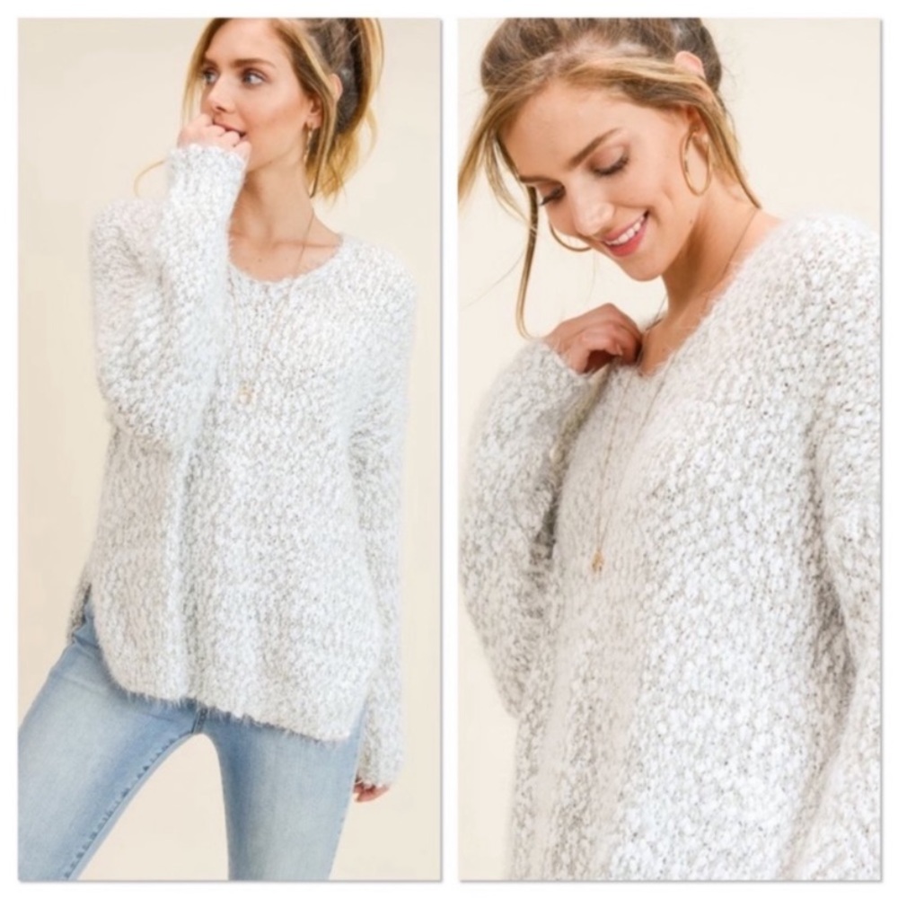 Light Grey Two Tone Fuzzy V Neck Sweater